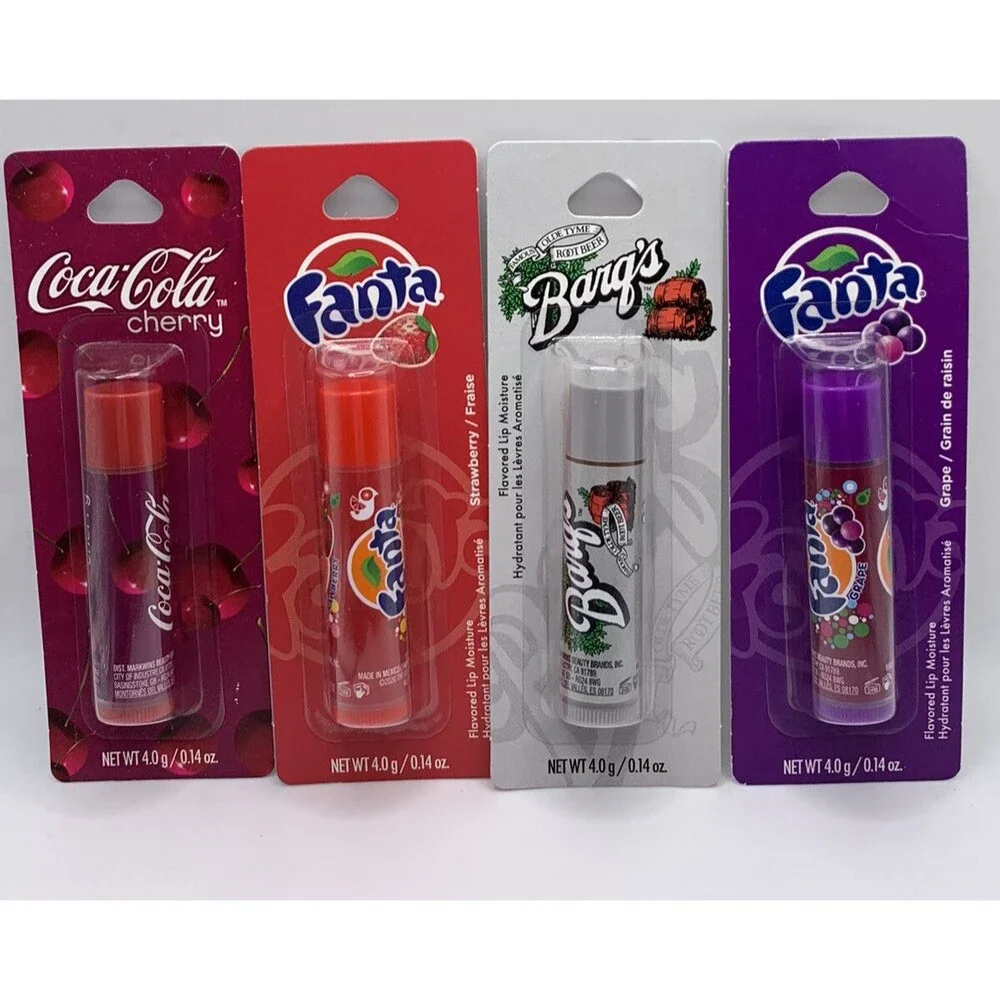 Licensed Soda Flavored Lip Balm-Coca Cola,Fanta, Cherry Cola, Barg’s￼. Lot Of 4